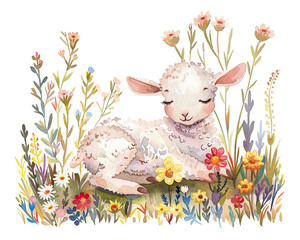 Cute lamb with flowers in the meadow. Watercolor illustration