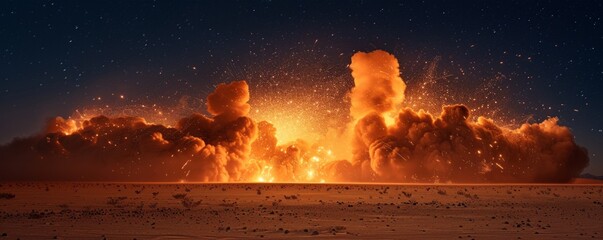 Witness the explosive power of a detonation in the desert sands, as billowing smoke, fiery flames, and dazzling sparks illuminate the night. 