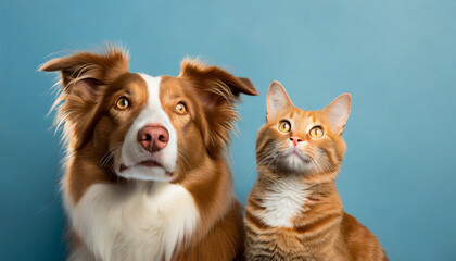 cat and dog. Brown Border Collie with ginger cat