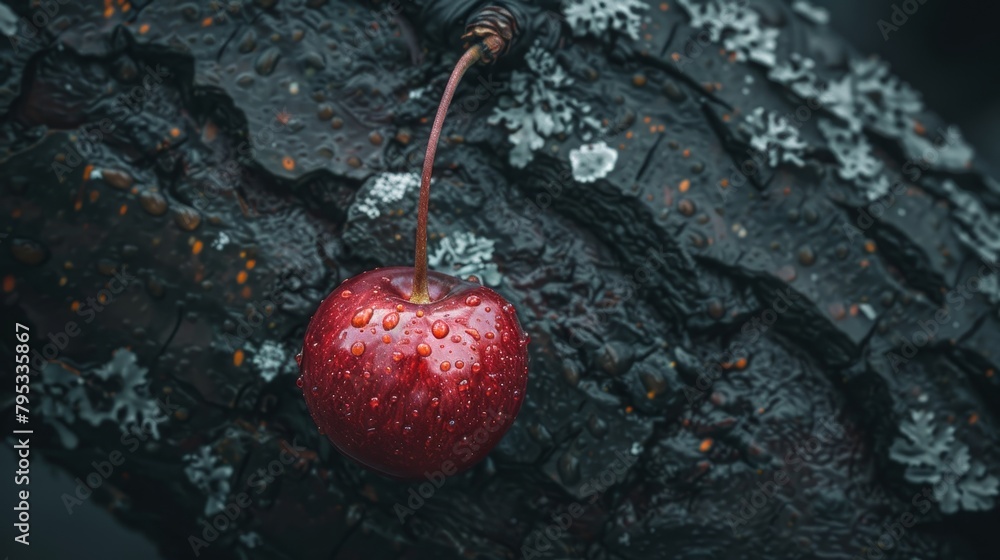 Poster macro close up of fresh cherry with water drops on tree branch wide banner with copy space