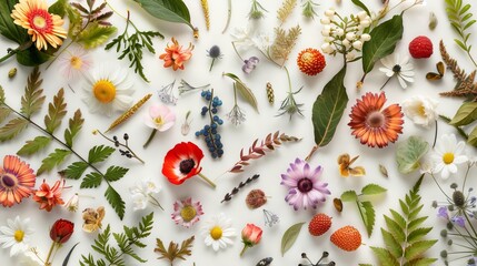 Set of botanical elements flowers, twigs, petals, leaves, flat lay, top view
- 795336029