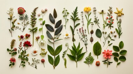 Set of botanical elements flowers, twigs, petals, leaves, flat lay, top view
- 795336044