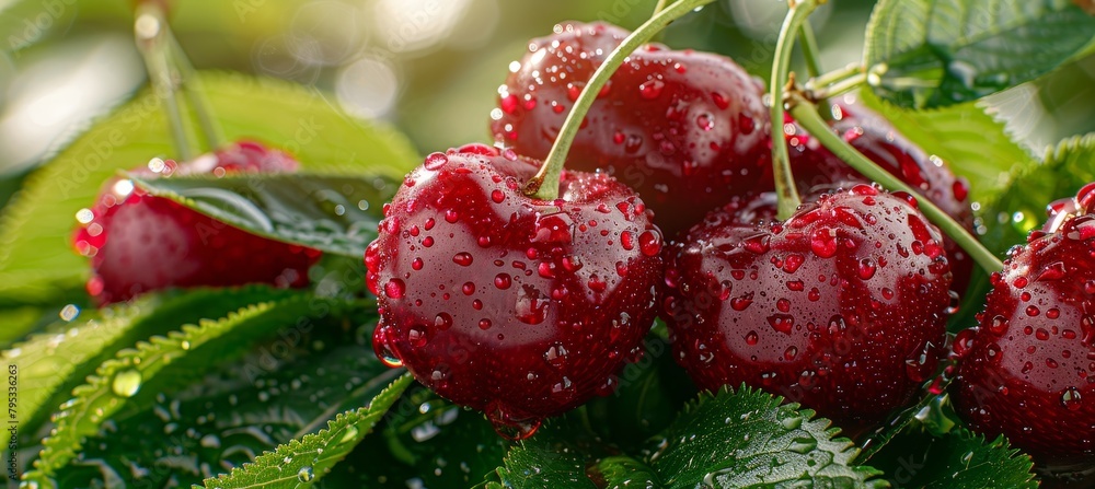 Poster macro close up of fresh cherry on tree with dew drops, perfect for banner with copy space