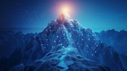 Digital target on a peak of the mountain. Abstract business goal and success concept. Road to the top. Futuristic low poly wireframe illustration. Leadership metaphor on technology blue background - obrazy, fototapety, plakaty