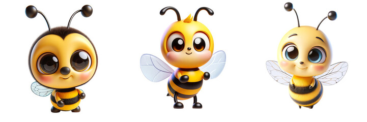Naklejka premium Three cartoon bees are standing in a row, each with different expressions. The first bee has a smile on its face, while the second and third bees have a more serious look