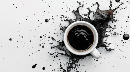 Splashing black coffee from white cup isolated on white background, top view.generative ai