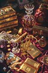 An Opulent Showcase of Wealth: Luxury Items, Precious Gems, Gold & Currency in Luscious Composition