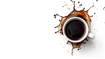 Splashing black coffee from white cup isolated on white background, top view.generative ai