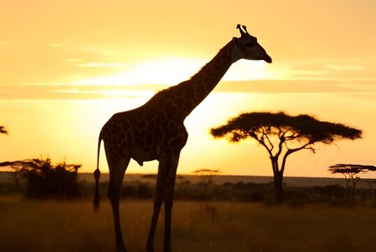 An AI-generated image of a giraffe at sunset, highlighting the tranquility of the wild African savannah. Generative AI