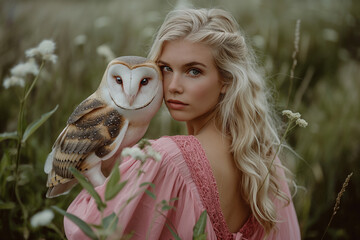 portrait of a woman with owl , pastel colors