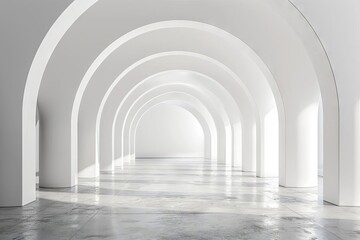 empty white room with arch design and concrete floor museum space chapel entrance minimal architecture perspective 3d render