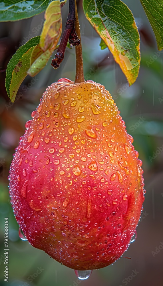 Poster Macro close up of fresh pear with dew drops hanging on tree, wide banner with copy space