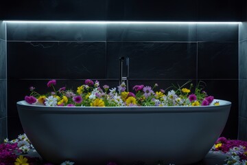 Bathroom with a bathtub filled with different flowers creating romantic relaxing atmosphere in spa salon, body care and mental health routine concept, flower show - 795338076