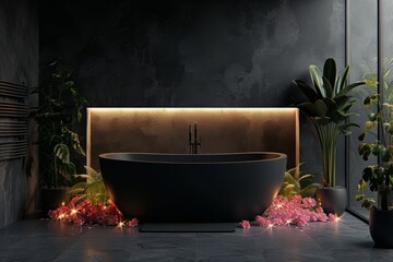 Bathroom with a bathtub filled with different flowers creating romantic relaxing atmosphere in spa salon, body care and mental health routine concept, flower show - 795338250