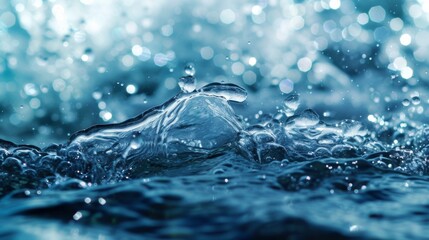 A close-up image capturing the dynamic movement of water, showcasing droplets and splashes in...