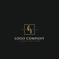 Initials signature letters KJ linked inside minimalist luxurious square line box vector logo gold color designs for brand, identity, invitations, hotel, boutique, jewelry, photography or company signs