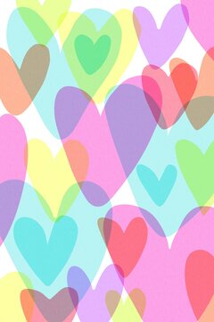 Vertical abstract wallpaper. Background made of multicolored hearts of different sizes. Neon delicate colors, transparent objects. Love design. Valentine&rsquo;s Day greeting card. 