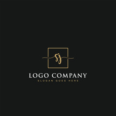 Initials signature letters SJ linked inside minimalist luxurious square line box vector logo gold color designs for brand, identity, invitations, hotel, boutique, jewelry, photography or company signs