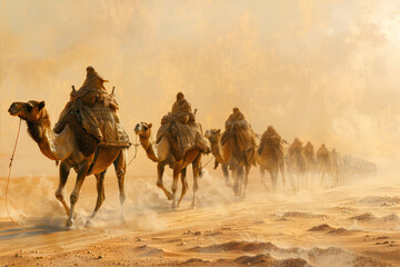 A caravan of camels winds its way along a dusty desert trail. - obrazy, fototapety, plakaty