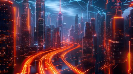 City skyline and neon circuit trails linking buildings dynamically