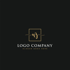 Initials signature letters WJ linked inside minimalist luxurious square line box vector logo gold color designs for brand, identity, invitations, hotel, boutique, jewelry, photography or company signs