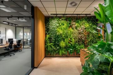 Interior of green office with many different plants and vertical gardens, concept of eco friendship with business - 795339427