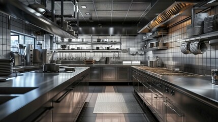 Interior of restaurant kitchen in metal materials, project for your business - 795339817