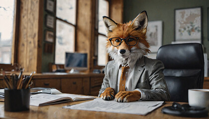 Anthropomorphic fox dressed in a suit like a businessman. Business Concept. 