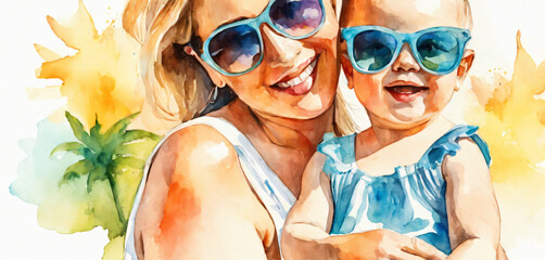 Mother and little infant in baby boy first time on the sea beach on sunny summer day wearing tiny sunglasses watercolor art style.