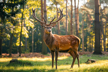 Naklejka na ściany i meble A majestic stag stands regally in a sun-dappled forest glade.