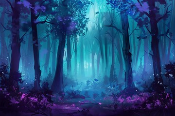 ethereal forest illuminated with teal and lilac hues concept illustration
