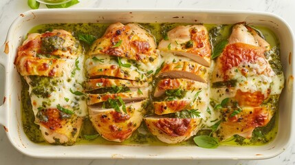 Studio-lit Hasselback Chicken with pesto and mozzarella, top view, showcasing crispy edges and melted cheese, against a simple background