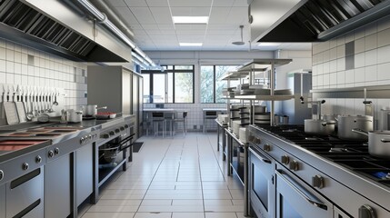 Interior of restaurant kitchen in metal materials, project for your business - 795340049