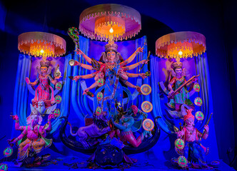 statue of godess Durga decorated pandal. biggest religious festival of Hindu dharma