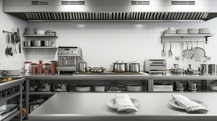 Interior of restaurant kitchen in metal materials, project for your business - 795340082