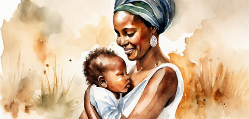 Black woman watercolor painting style banner for africa day,mother's day.