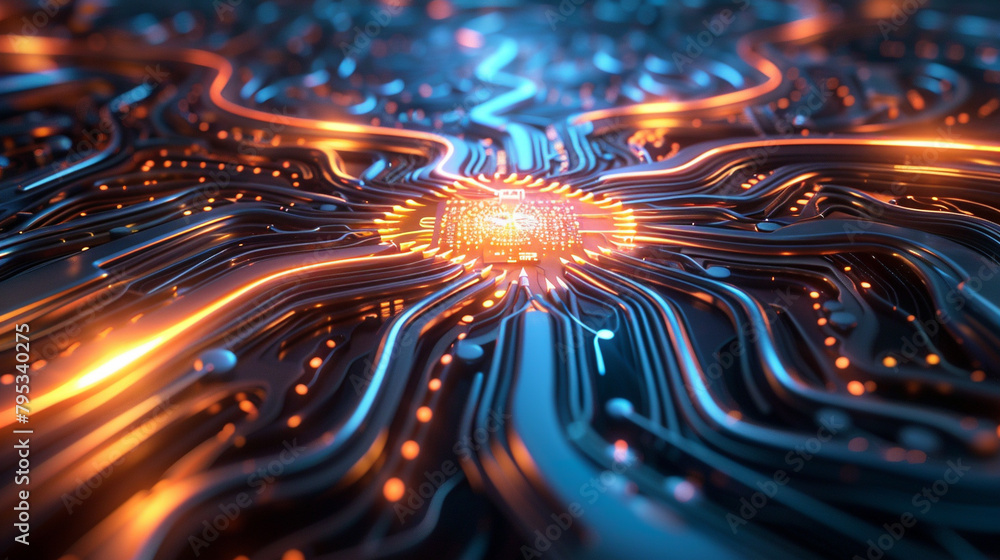Poster a computer chip is shown in a very abstract way, with many lines and shapes