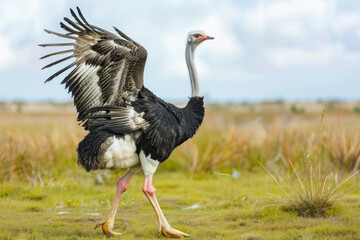 A male ostrich performs a courtship display.