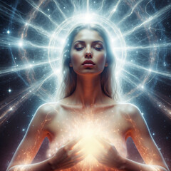 close up woman meditating with light on heart chakra anahata, spiritual concept of yoga and reiki, and relax, an aura of energy around her, a photorealistic illustration in digital art style