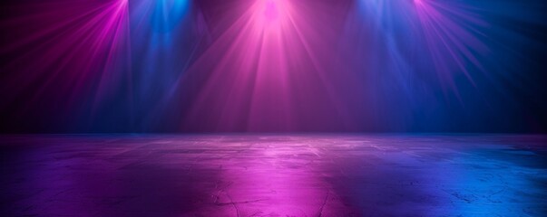 Empty stage with dark blue, purple, and pink background, ready for performance or presentation. - obrazy, fototapety, plakaty