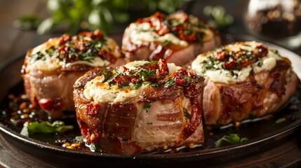 Raw style close-up of thick-cut pork chops stuffed with a flavorful mozzarella and sun-dried tomato mix, baked to perfection, studio isolated setting