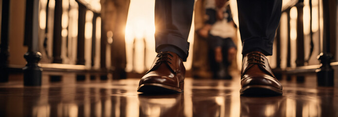 Man going to the office in classic leather shoes closeup