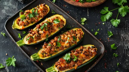 Raw styled top view photo of cheesy Italian sausage stuffed zucchini, vibrant and tender, under professional studio lighting on a plain backdrop