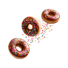 Three donuts flying isolated on transparent background