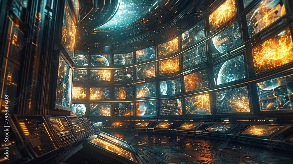Poster a room with many screens showing a space with many planets and stars