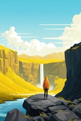 adventure girl stand on cliff on waterfall nature background illustration