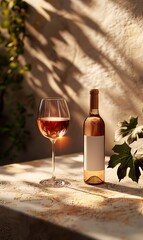 A serene setting with a glass of wine and a bottle basking in soft sunlight