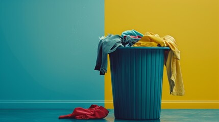 Fast fashion concept with a trash can full of clothes. - obrazy, fototapety, plakaty