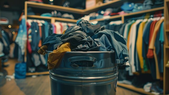 Fast fashion concept with a trash can full of clothes.