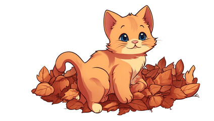 This charming illustration showcases an orange kitten surrounded by a cluster of autumn-colored leaves